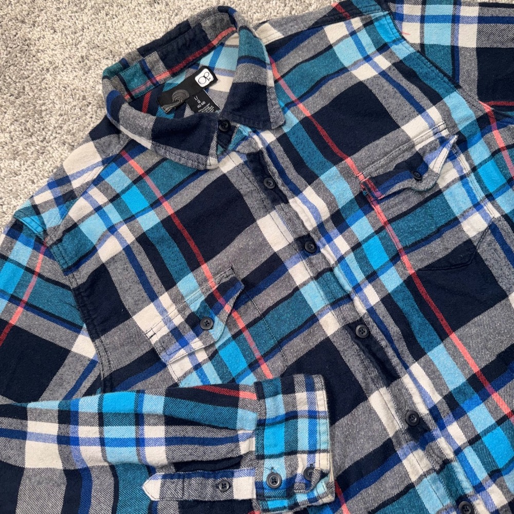 Ocean Pacific Plaid Flannel Shirt Mens Long Sleeve Blue Large EXCELLENT